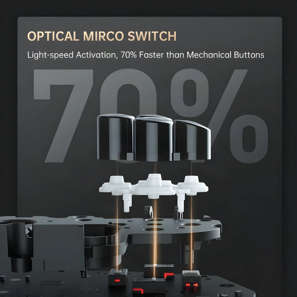 Mando Machenike G5 Pro V2 Negro Inalámbrico Bluetooth 5.0 + 2.4G, detalle: microswitches ópticos explosionados con haces