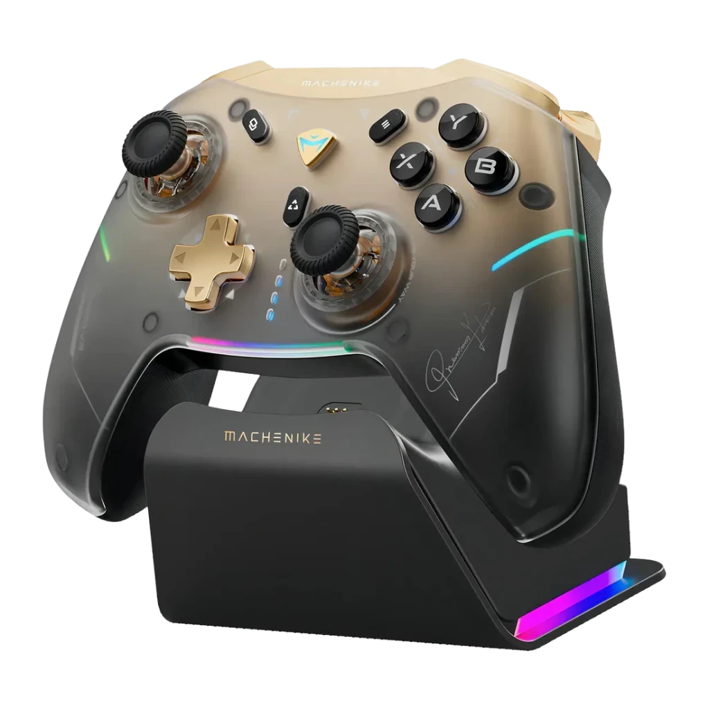 Mando Machenike G5 Pro V2 Negro inalámbrico con carcasa translúcida, botones iluminados, cruceta dorada, joysticks texturizados y base de carga RGB
