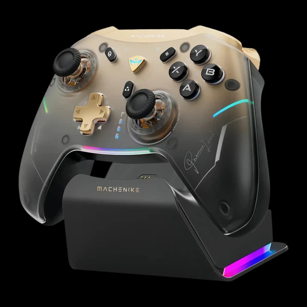 Mando Machenike G5 Pro V2 Negro inalámbrico con carcasa translúcida, botones iluminados, cruceta dorada, joysticks texturizados y base de carga RGB