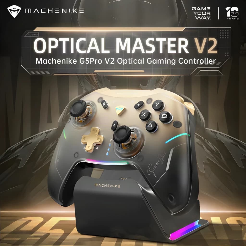 Mando Machenike G5 Pro V2 Negro Inalámbrico Bluetooth 5.0 + 2.4G, vista frontal: mando sobre base de carga con iluminación