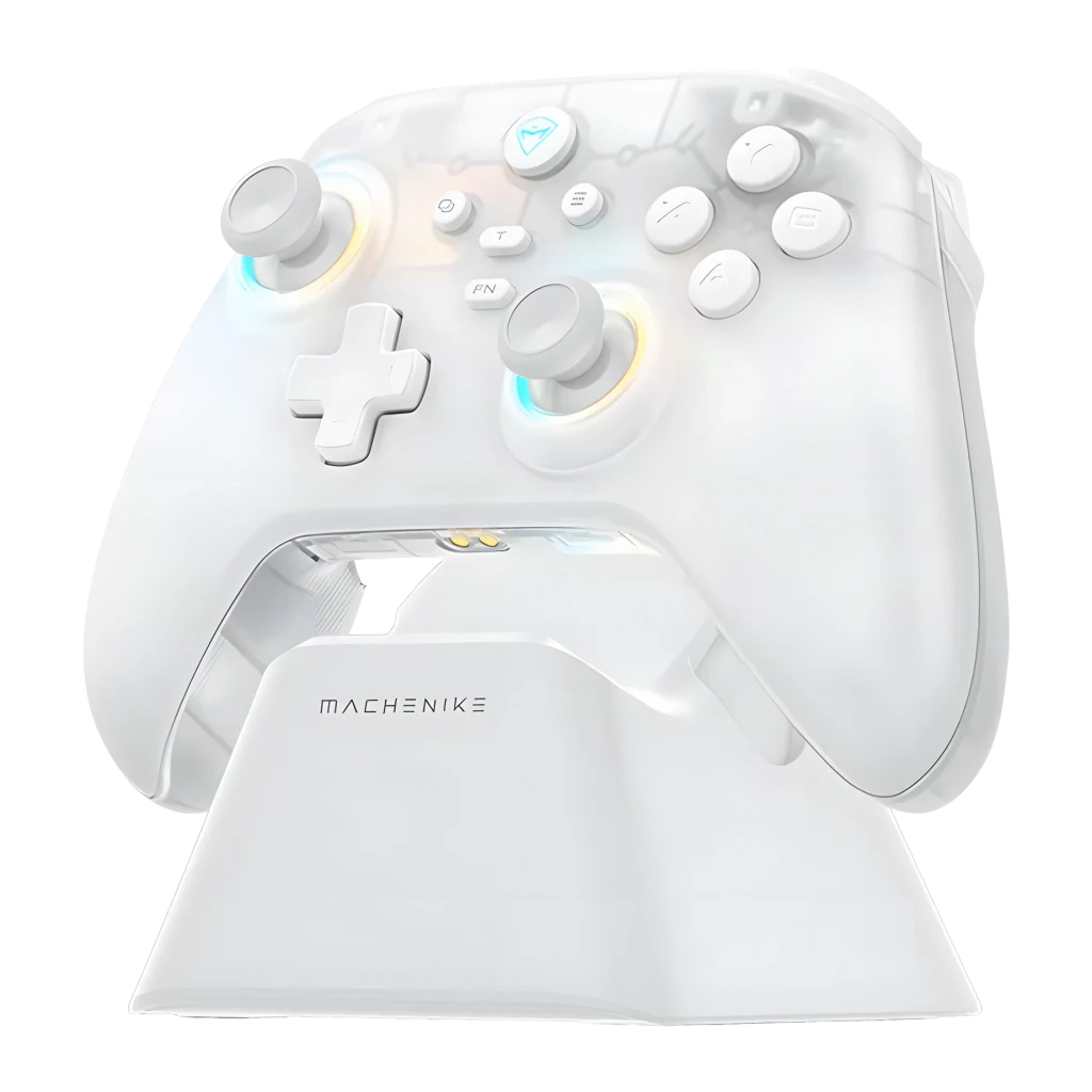 Mando Machenike G3 V2 Kit Blanco Inalámbrico 2.4 GHz / Bluetooth, vista frontal: mando sobre base de carga con RGB