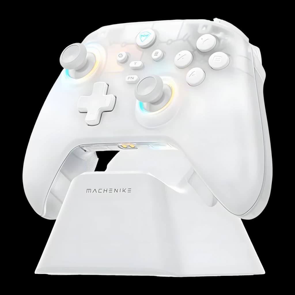 Mando Machenike G3 V2 Kit Blanco Inalámbrico 2.4 GHz / Bluetooth, vista frontal: mando sobre base de carga con RGB