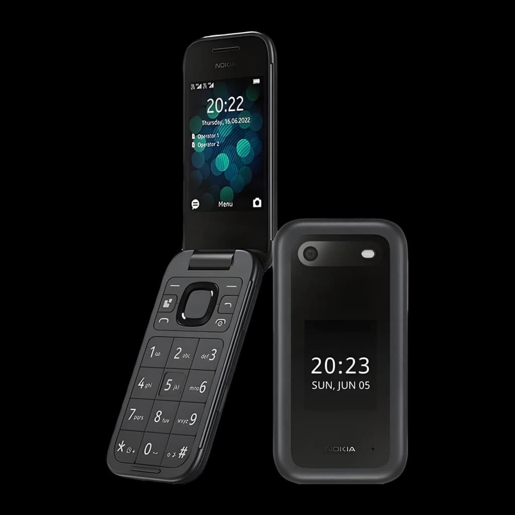 Nokia 2660 TA-1474 4G DS Negro: celular flip preto com tela interna colorida, visor externo com hora, câmera traseira, teclas grandes e corpo compacto