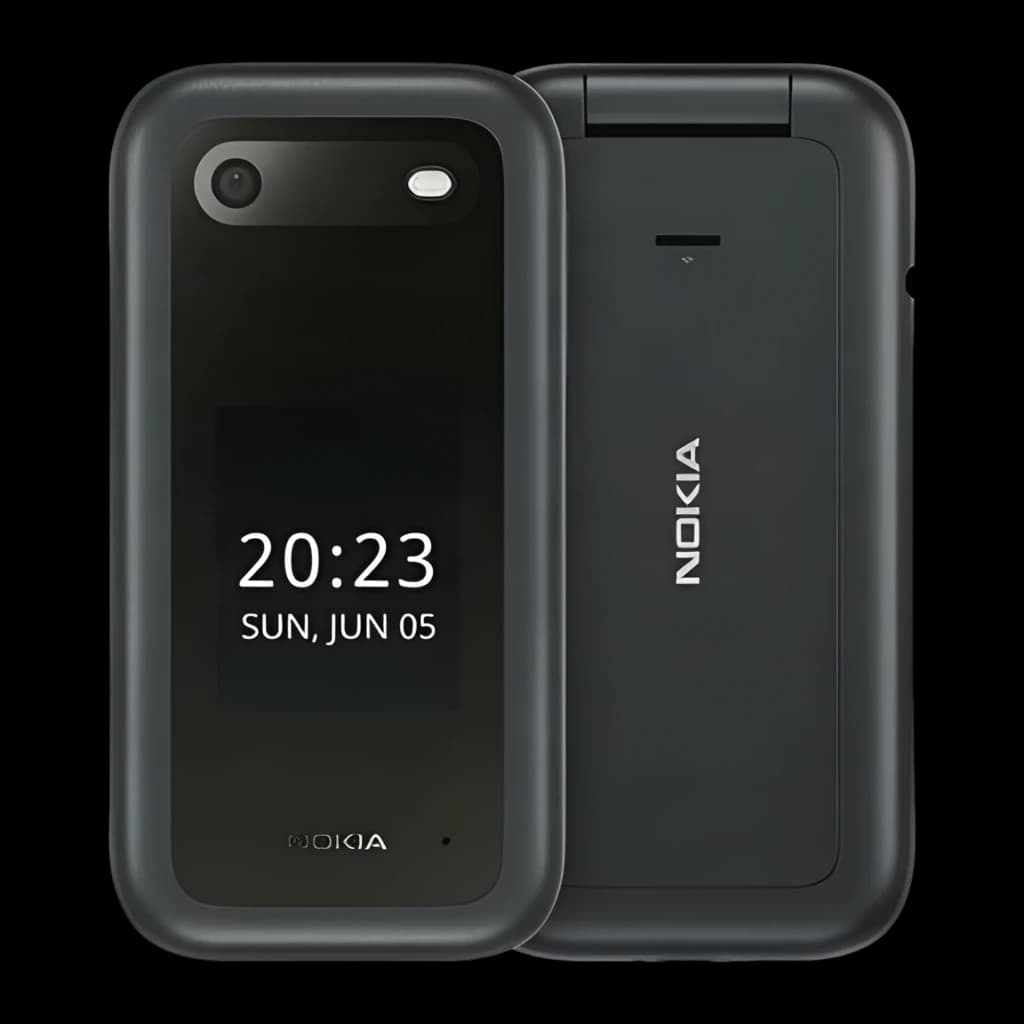 Nokia 2660 TA-1474 4G DS noir, téléphone à clapet compact avec écran externe lisible, coque mate, caméra arrière et bouton d’urgence visible