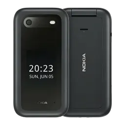Nokia 2660 TA-1474 4G DS noir, téléphone à clapet compact avec écran externe lisible, coque mate, caméra arrière et bouton d’urgence visible