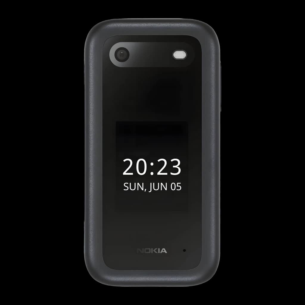 Nokia 2660 TA-1474 4G DS Negro com tela externa exibindo hora e data, câmera traseira com flash e corpo resistente em preto mate