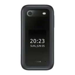Nokia 2660 TA-1474 4G DS Noir avec écran externe affichant l’heure et la date, dos brillant, capteur photo et flash, bords robustes gris foncé