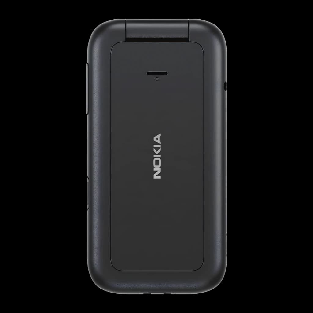 Nokia 2660 TA-1474 4G DS Negro fechado: tampa traseira preta fosca, logotipo Nokia central, câmera única com flash, botões laterais visíveis