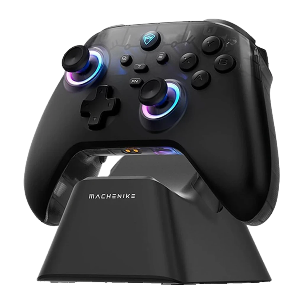 Mando para videojuegos Machenike G3 V2 Negro Inalámbrico Tri-Mode, vista frontal: sobre base de carga con iluminación RGB