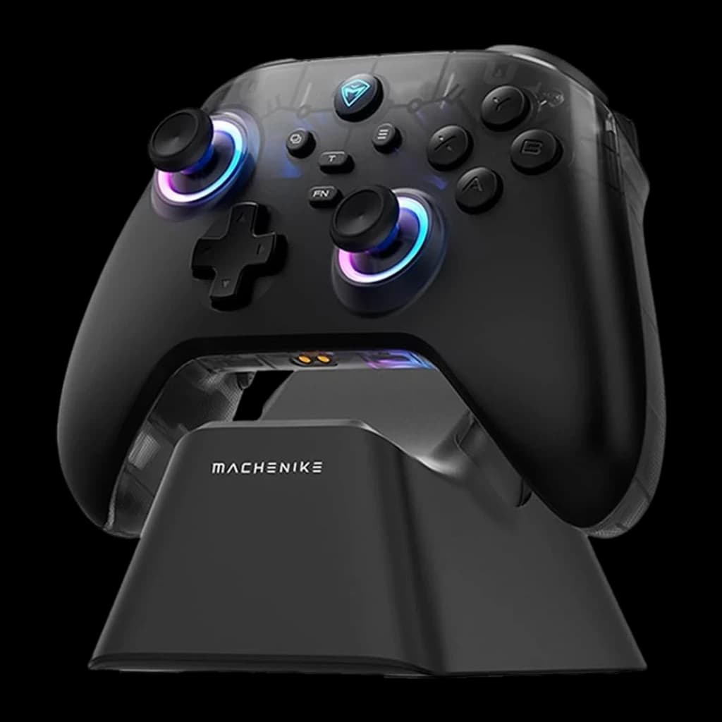 Mando para videojuegos Machenike G3 V2 Negro Inalámbrico Tri-Mode, vista frontal: sobre base de carga con iluminación RGB