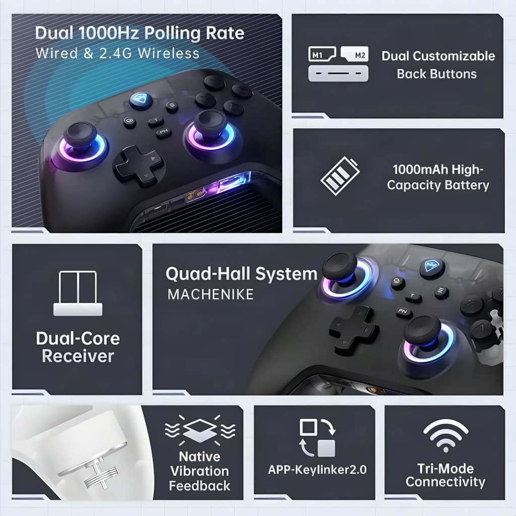 Mando para videojuegos Machenike G3 V2 Negro Inalámbrico Tri-Mode, infografía: joysticks RGB, botones traseros, batería