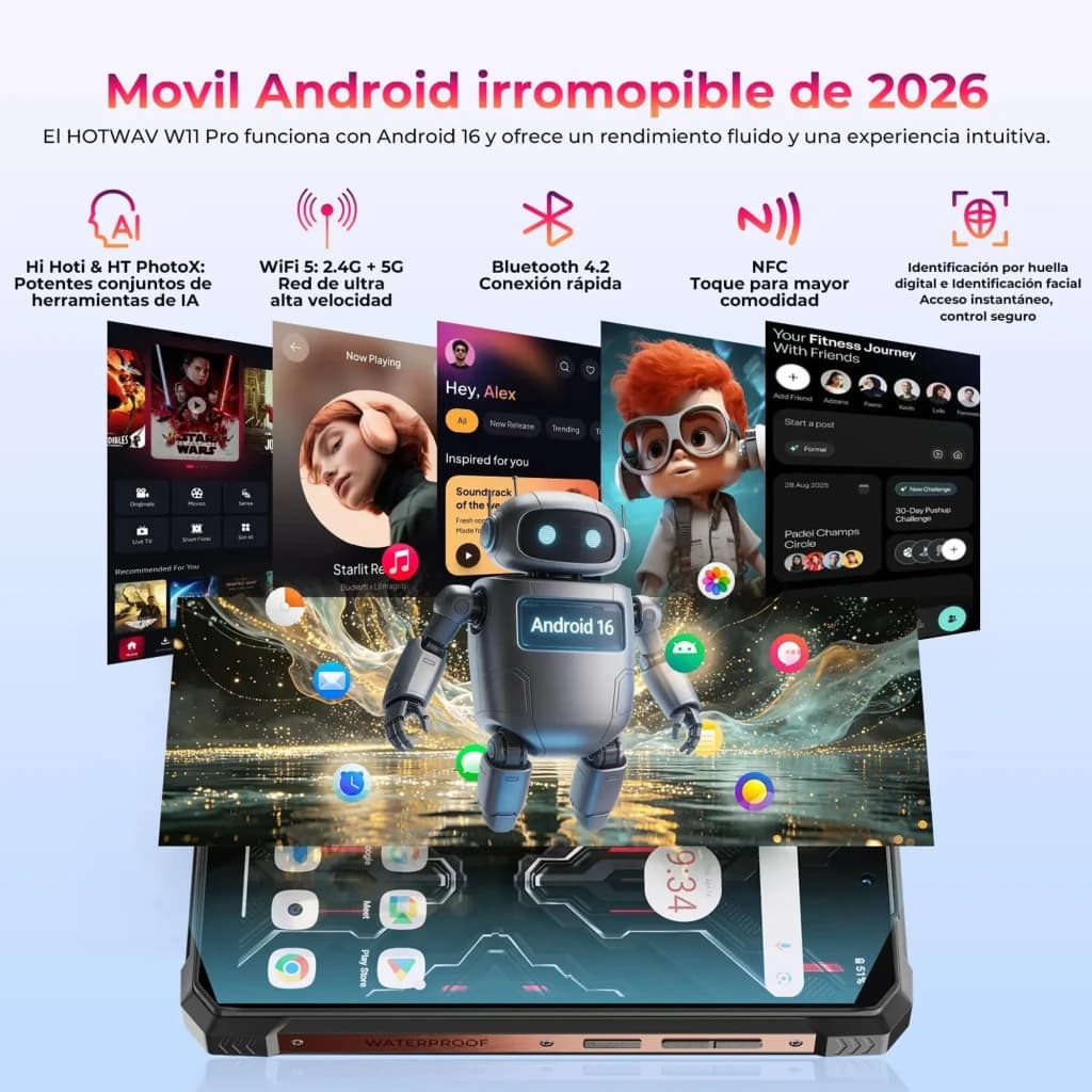 Hotwav W11 Pro dourado com tela 6,6 120 Hz, câmera 64 MP, Android 16, NFC, Bluetooth 4.2, alto-falantes estéreo e design robusto à prova dágua
