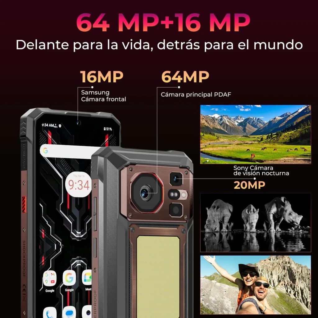 Smartphone robusto dourado Hotwav W11 Pro com módulo de câmera 64 MP, flash grande, tela 6,6 pol 120 Hz e design resistente com detalhes em vermelho e preto