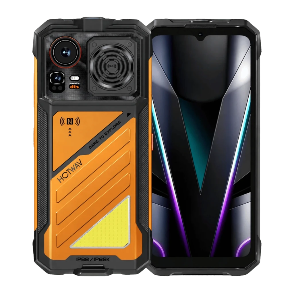 Hotwav Hyper 8E naranja rugerizado con carcasa robusta, altavoz trasero grande, cámara dual con flash, panel NFC, bordes reforzados y pantalla con notch