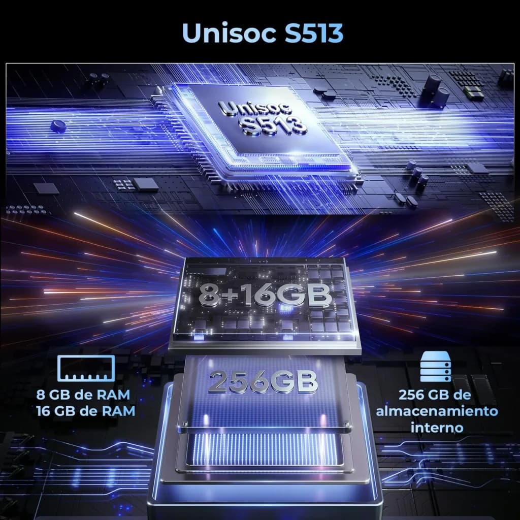 Chipset Unisoc S51? em close, com módulos 8+16GB RAM e 256GB armazenamento destacados em placas eletrônicas iluminadas, estilo futurista