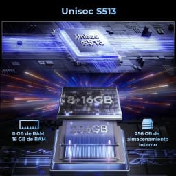 Chipset Unisoc S51? em close, com módulos 8+16GB RAM e 256GB armazenamento destacados em placas eletrônicas iluminadas, estilo futurista