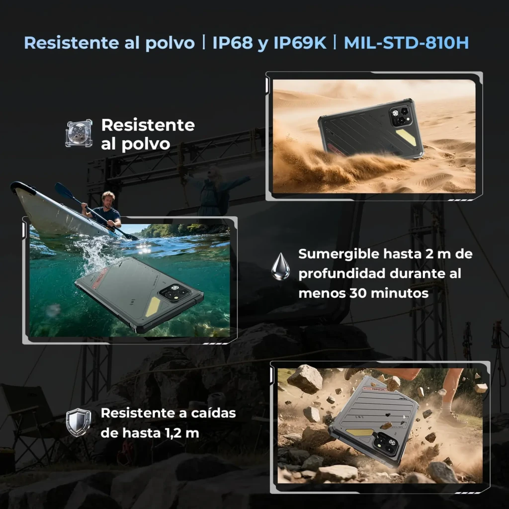Hotwav R11 Pro tablet robusta IP68 de 8.7 pulgadas, pantalla 120Hz con biseles gruesos, cuerpo rugerizado negro, cámara trasera dual y lápiz táctil plateado - Ítem10