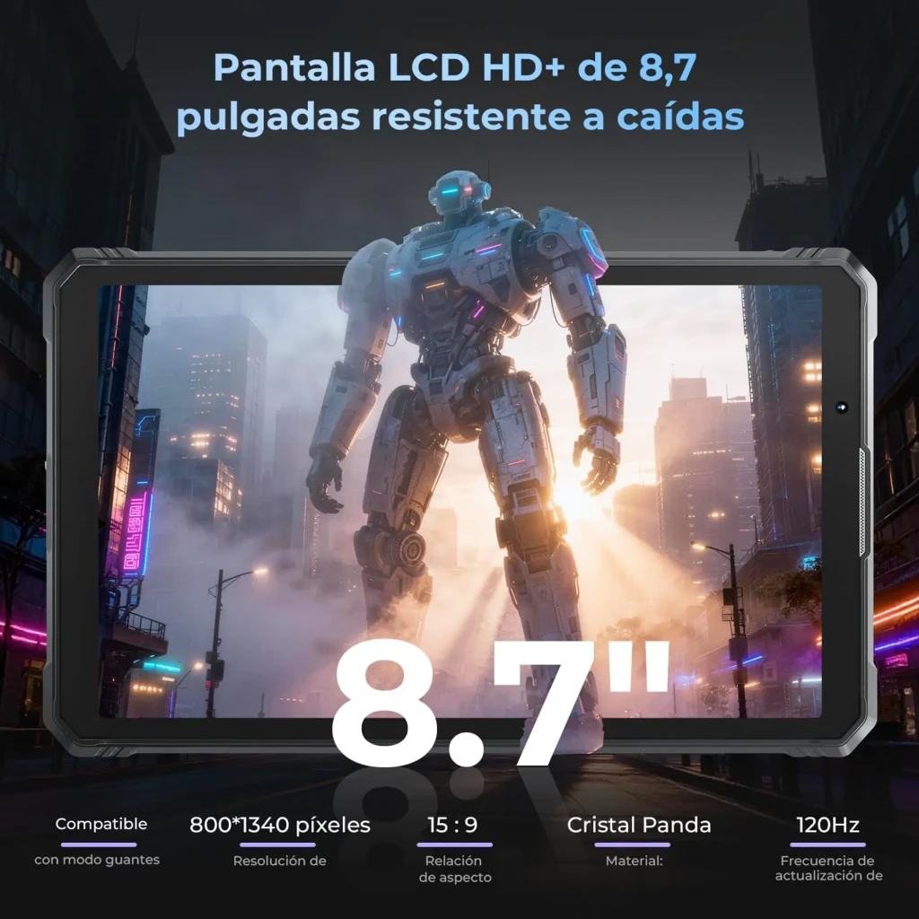Hotwav R11 Pro tablet robusta IP68 de 8.7 pulgadas, pantalla 120Hz con biseles gruesos, cuerpo rugerizado negro, cámara trasera dual y lápiz táctil plateado - Ítem4