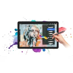 Hotwav Pad 13 Pro 10,1 pol com caneta stylus, tela ampla e cores vibrantes; interface de desenho exibida, bordas finas e corpo preto elegante
