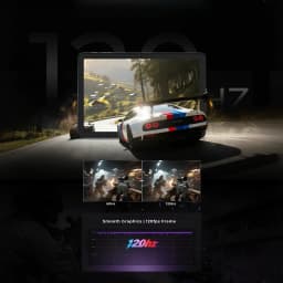 Hotwav Pad 13 Pro 10,1 pol exibe jogo de corrida com gráficos suaves e 120Hz; comparação 60Hz vs 120Hz destaca fluidez e tela imersiva