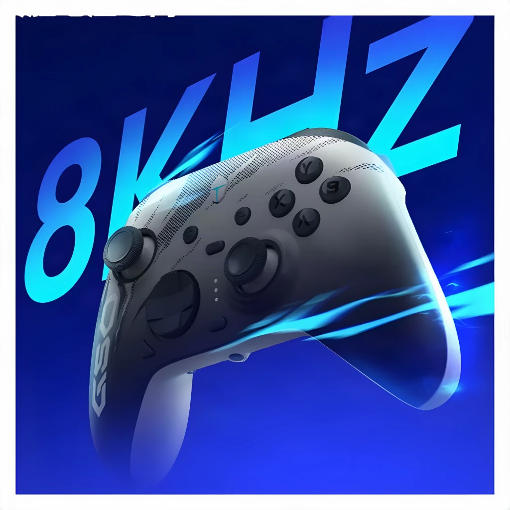 Comando gaming Thunderobot G50 8K Kit Sem Fios Tri-modo PC/Switch/Android, vista frontal angular: texto 8KHz em fundo azul