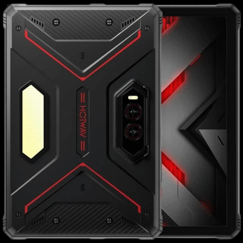 Hotwav R9 Plus 11 8GB/512GB WiFi + 4G Vermelho Rugged com traseira robusta preta e vermelha, módulo dual de câmeras central e faixa LED lateral