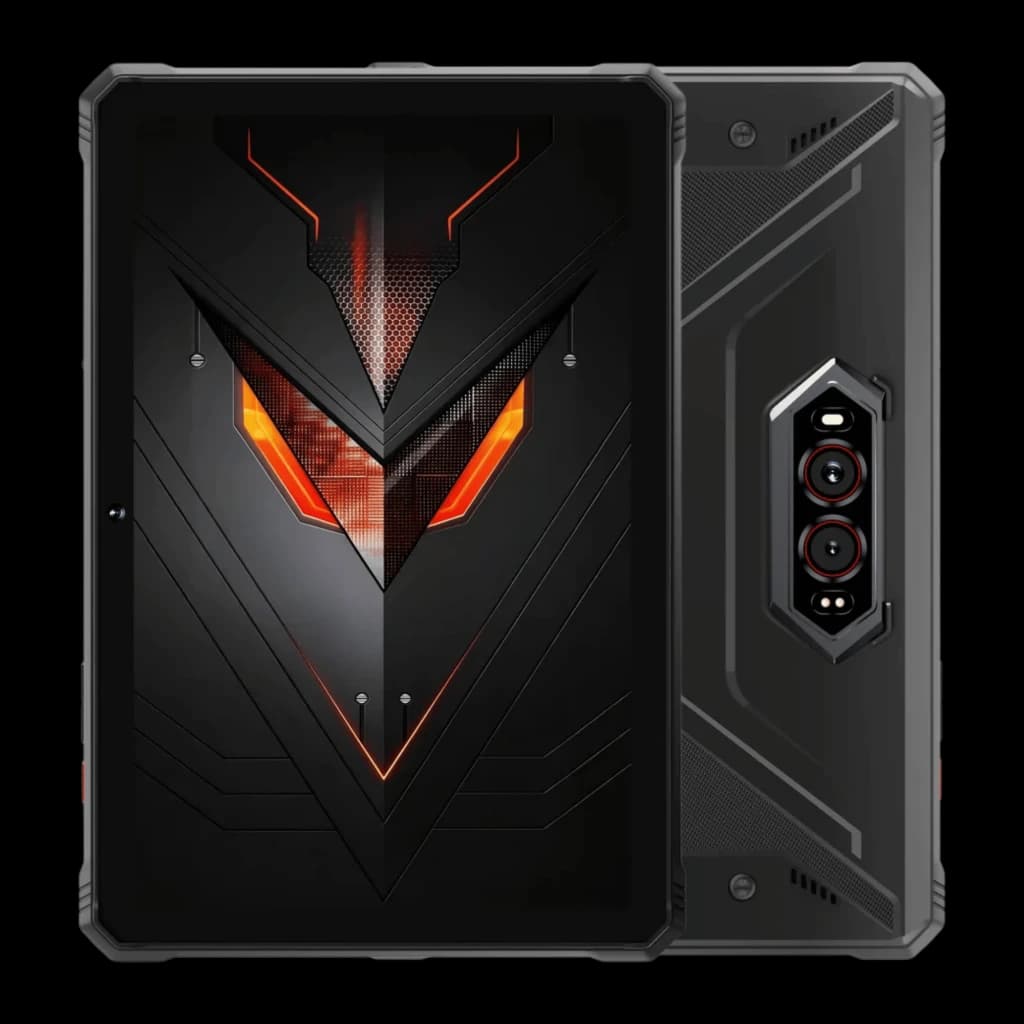 Hotwav R9 Pro Max 5G preto, tablet robusto 11 polegadas com moldura reforçada, tela com detalhes laranja, traseira com módulo duplo de câmeras e suporte