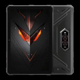 Hotwav R9 Pro Max 5G preto, tablet robusto 11 polegadas com moldura reforçada, tela com detalhes laranja, traseira com módulo duplo de câmeras e suporte