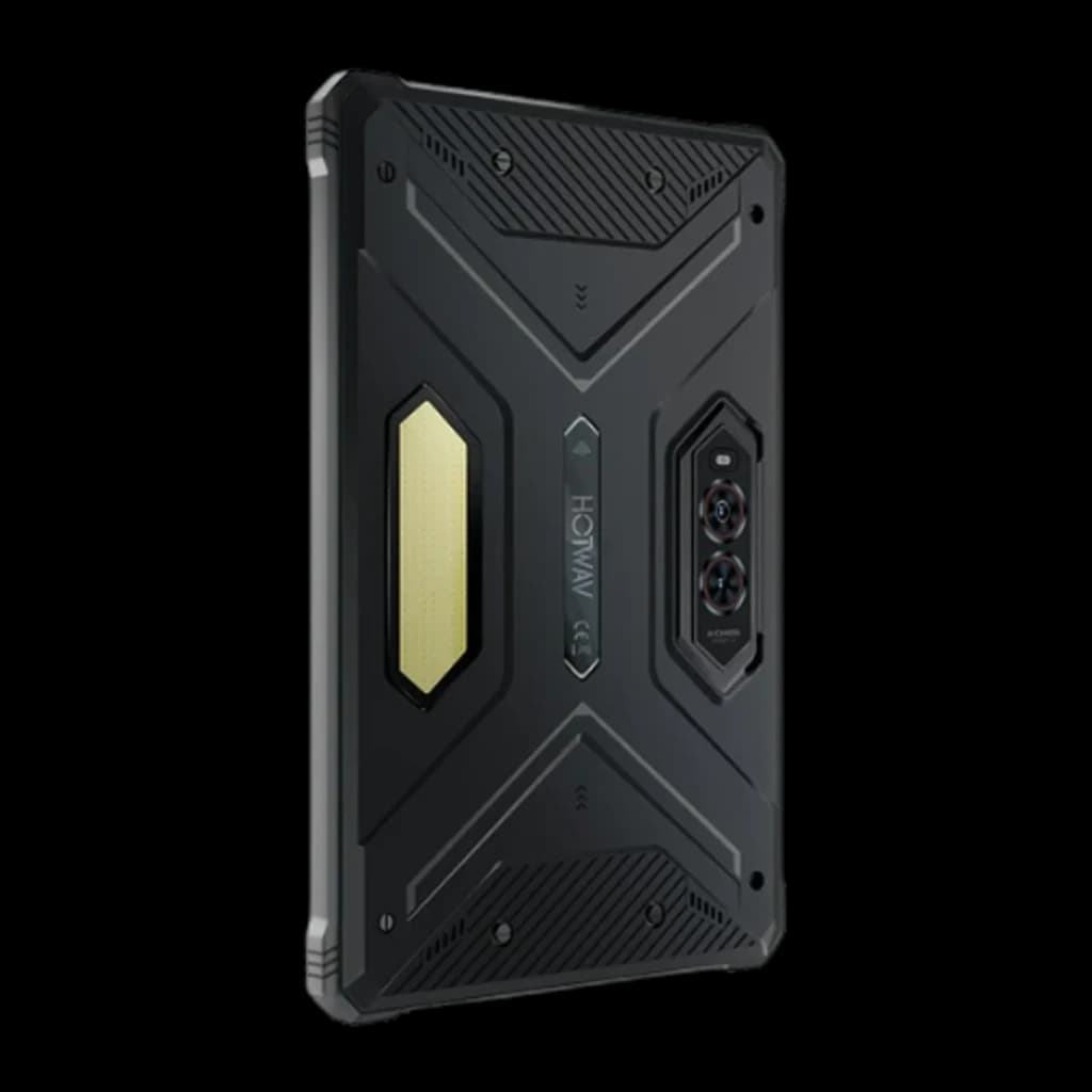 Hotwav R9 Pro Max 5G preto, corpo robusto com cantos reforçados, painel traseiro texturizado, módulo duplo de câmeras e suporte integrado dourado
