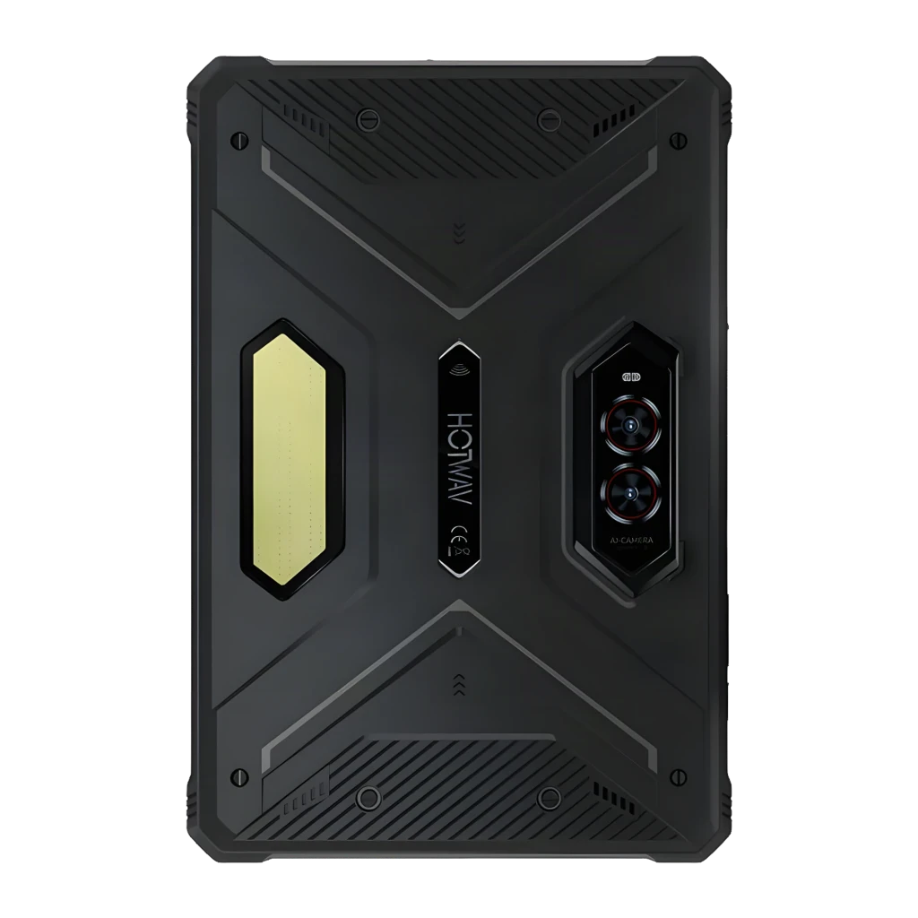 Hotwav R9 Pro Max 5G tablet rugged negra de 11 pulgadas, diseño robusto con bordes reforzados, doble cámara trasera vertical y pantalla con acentos naranjas - Ítem3
