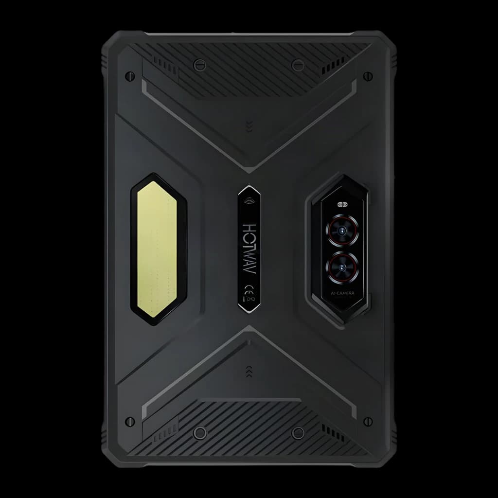 Hotwav R9 Pro Max 5G preto, traseira robusta com textura antiderrapante, módulo duplo de câmeras, placa lateral dourada e parafusos expostos estilo rugged