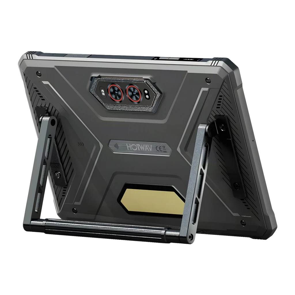 Hotwav R9 Pro Max 5G tablet rugged negra de 11 pulgadas, diseño robusto con bordes reforzados, doble cámara trasera vertical y pantalla con acentos naranjas - Ítem1