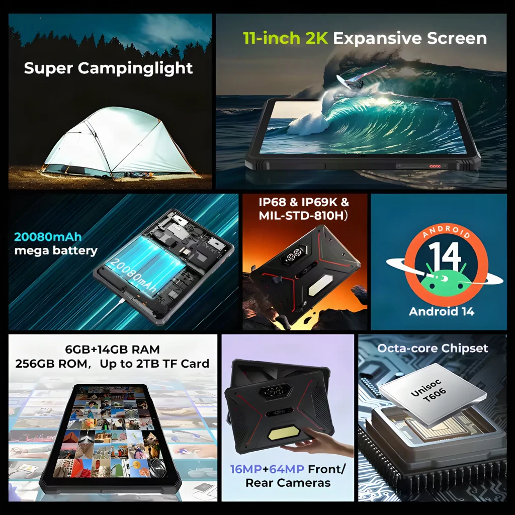 Hotwav R9 Pro Max 5G tablet rugged de 11 pulgadas en naranja y negro, diseño robusto con líneas angulares, detalles luminosos y soporte integrado - Ítem3