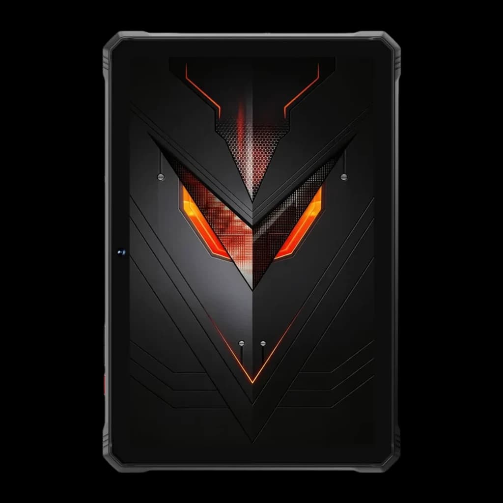 Hotwav R9 Pro Max 5G preto, tablet robusto 11 polegadas com traseira angular futurista em preto e laranja, detalhes metálicos e recortes simétricos