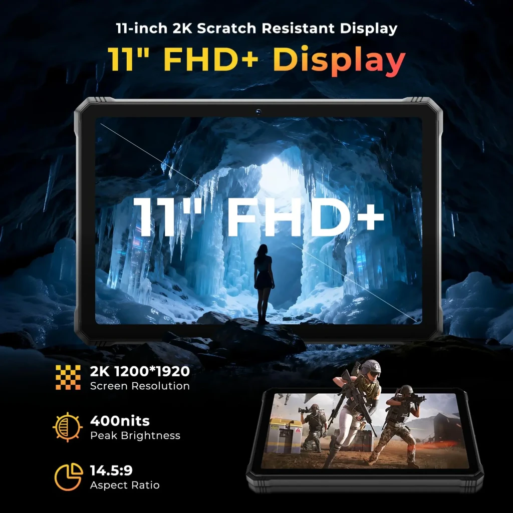 Hotwav R9 Pro Max 5G tablet rugged de 11 pulgadas en naranja y negro, diseño robusto con líneas angulares, detalles luminosos y soporte integrado - Ítem2