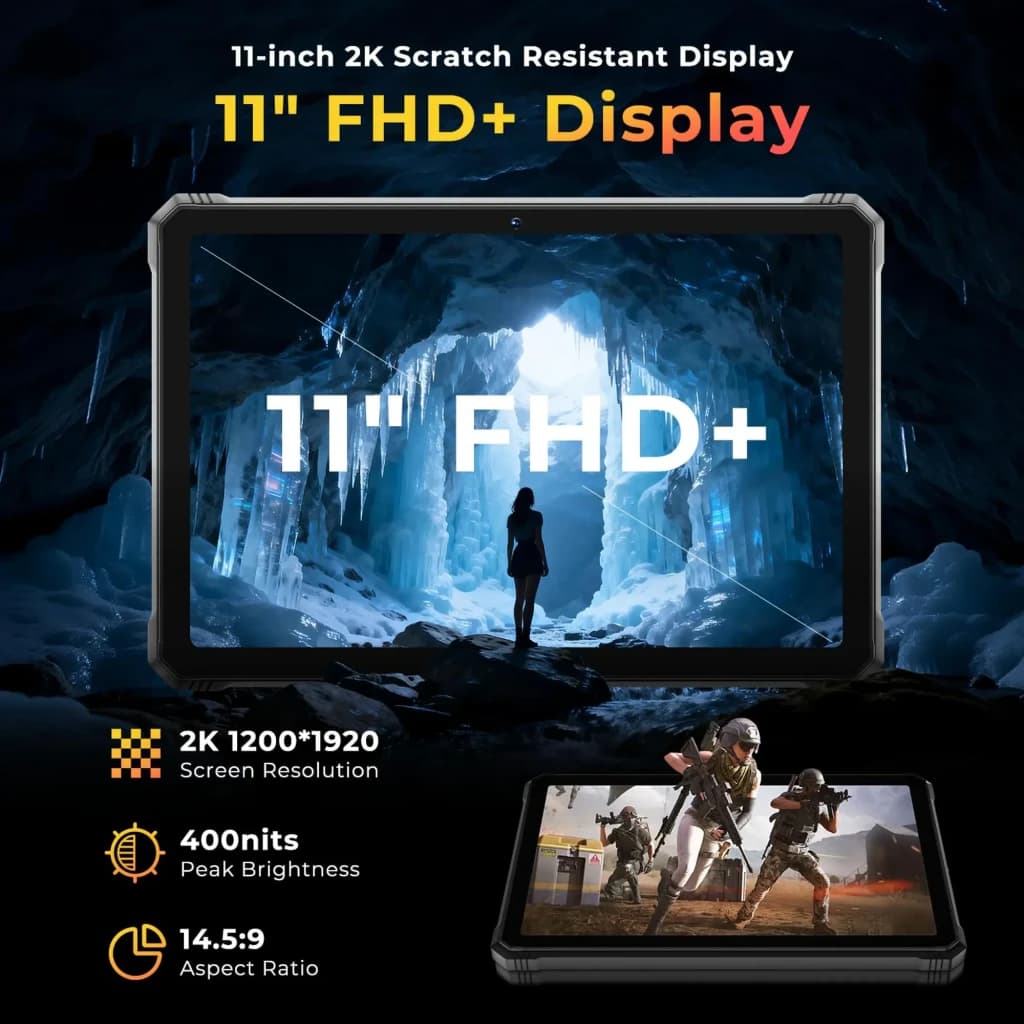Hotwav R9 Pro Max 5G laranja com tela 11 FHD+ 2K 1200x1920, brilho 400 nits, proporção 14:5:9, tablet robusto com suporte, 6 GB RAM e 256 GB armazenamento
