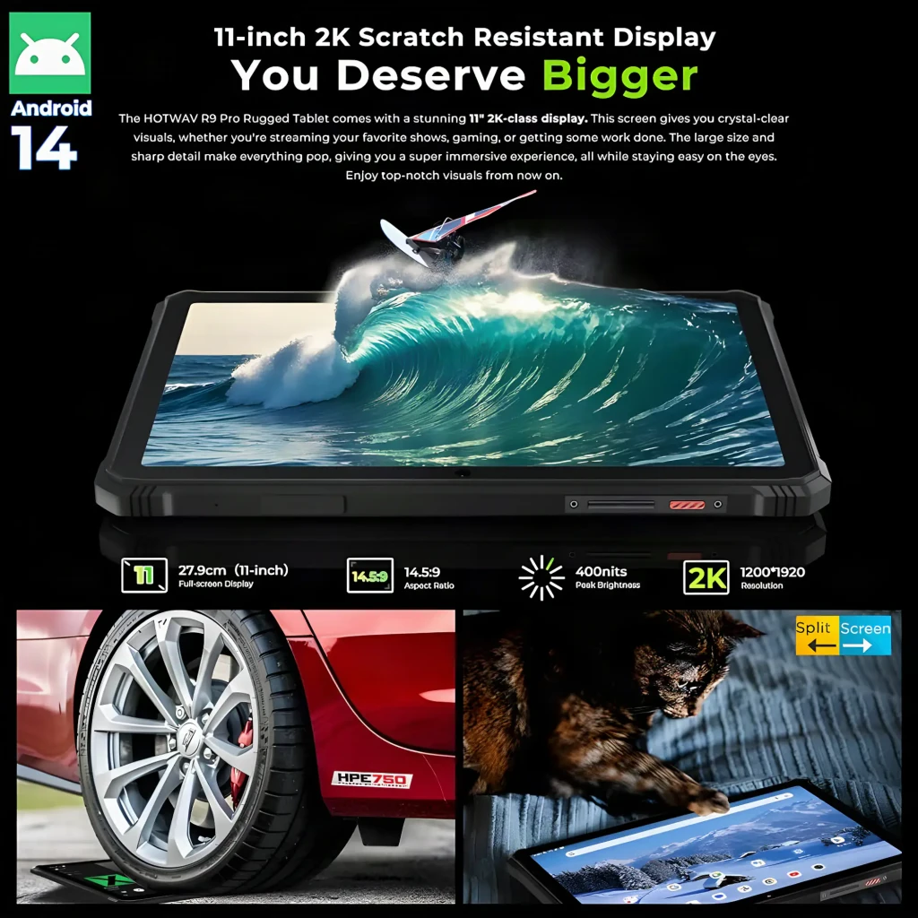 Hotwav R9 Pro Max 5G tablet rugged de 11 pulgadas en naranja y negro, diseño robusto con líneas angulares, detalles luminosos y soporte integrado - Ítem1