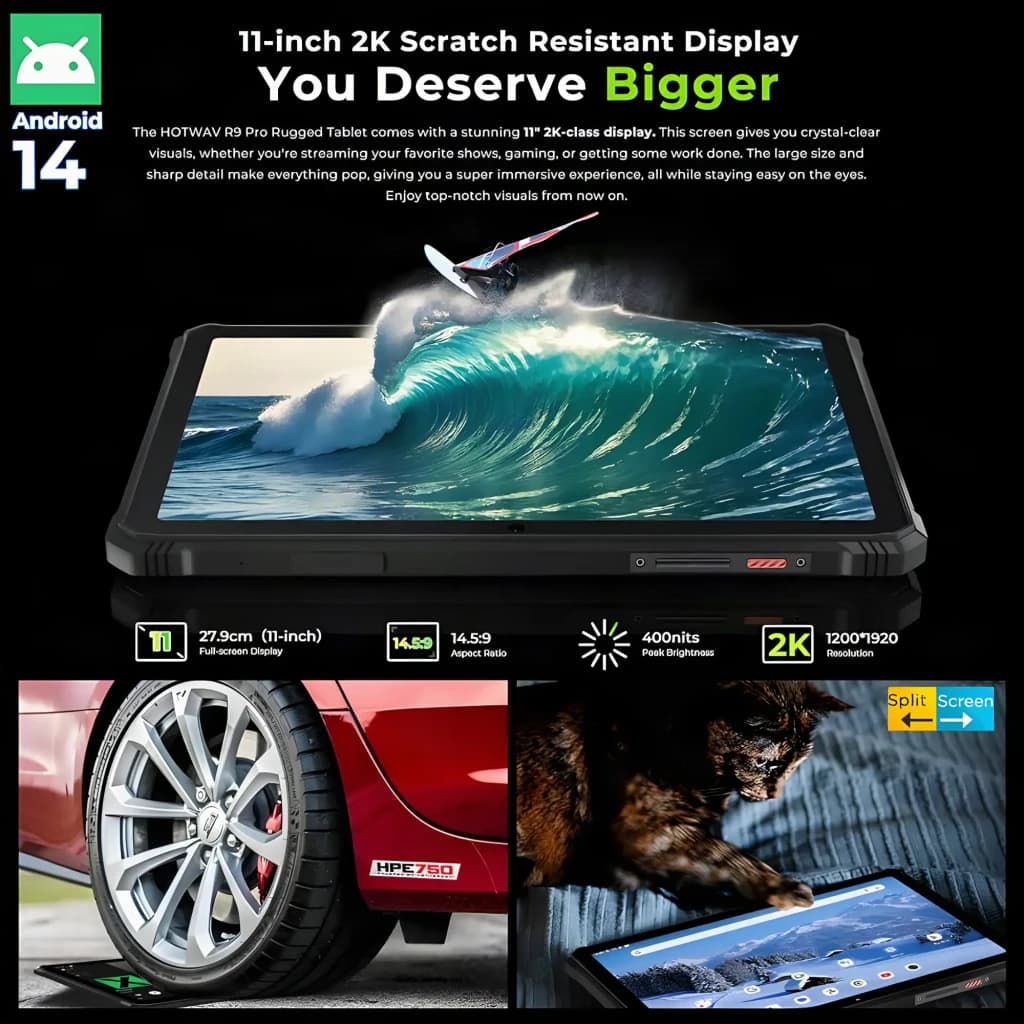 Hotwav R9 Pro Max 5G laranja, tablet robusto 11 pol 2K com Android 14, tela resistente a riscos, corpo reforçado, alto-falantes estéreo e suporte integrado