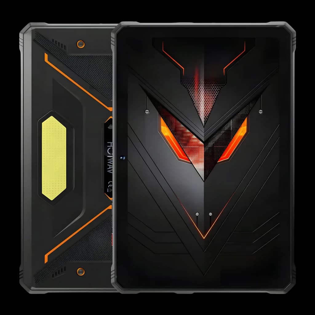 Hotwav R9 Pro Max 5G laranja, tablet robusto 11 polegadas com design agressivo, detalhes em preto e laranja, traseira reforçada e módulo luminoso central