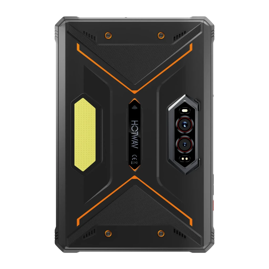 Hotwav R9 Pro Max 5G tablet rugged de 11 pulgadas en naranja y negro, diseño robusto con líneas angulares, detalles luminosos y soporte integrado - Ítem4