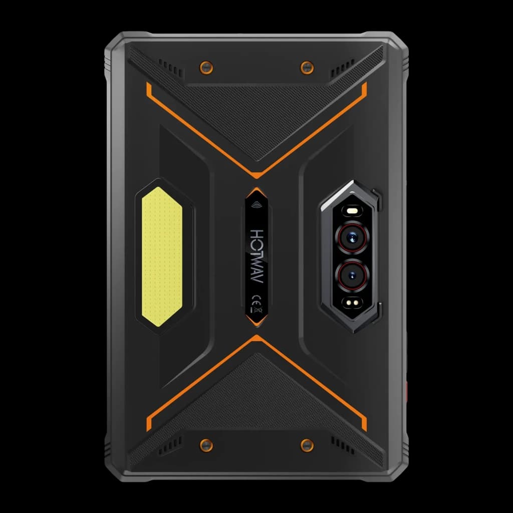 Hotwav R9 Pro Max 5G laranja, traseira robusta em preto com detalhes em laranja, módulo triplo de câmeras, faixa refletiva e acabamento antideslizante
