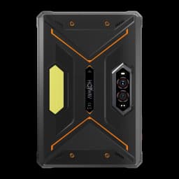 Hotwav R9 Pro Max 5G laranja, traseira robusta em preto com detalhes em laranja, módulo triplo de câmeras, faixa refletiva e acabamento antideslizante