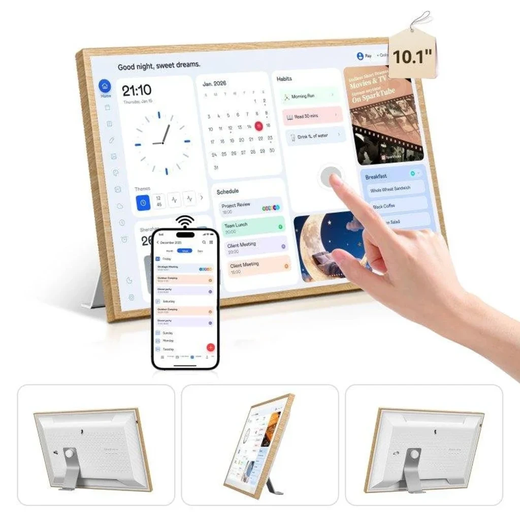 Pantalla IPS de 10,1 pulgadas con marco de madera, interfaz de calendario y widgets de reloj, hábitos y agenda; incluye sincronización con smartphone WiFi 6 - Ítem1