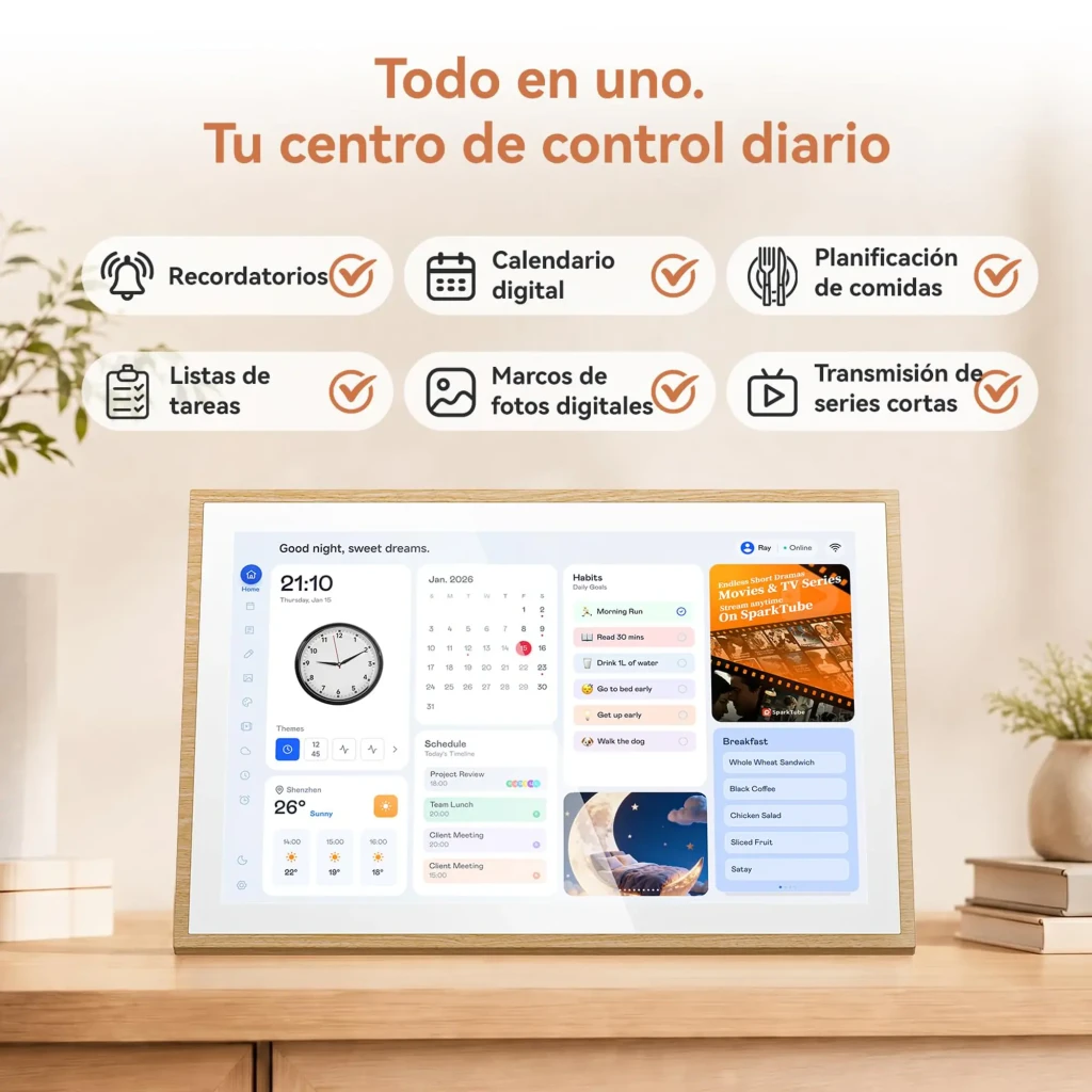 Pantalla IPS de 10,1 pulgadas con marco de madera, interfaz de calendario y widgets de reloj, hábitos y agenda; incluye sincronización con smartphone WiFi 6 - Ítem10