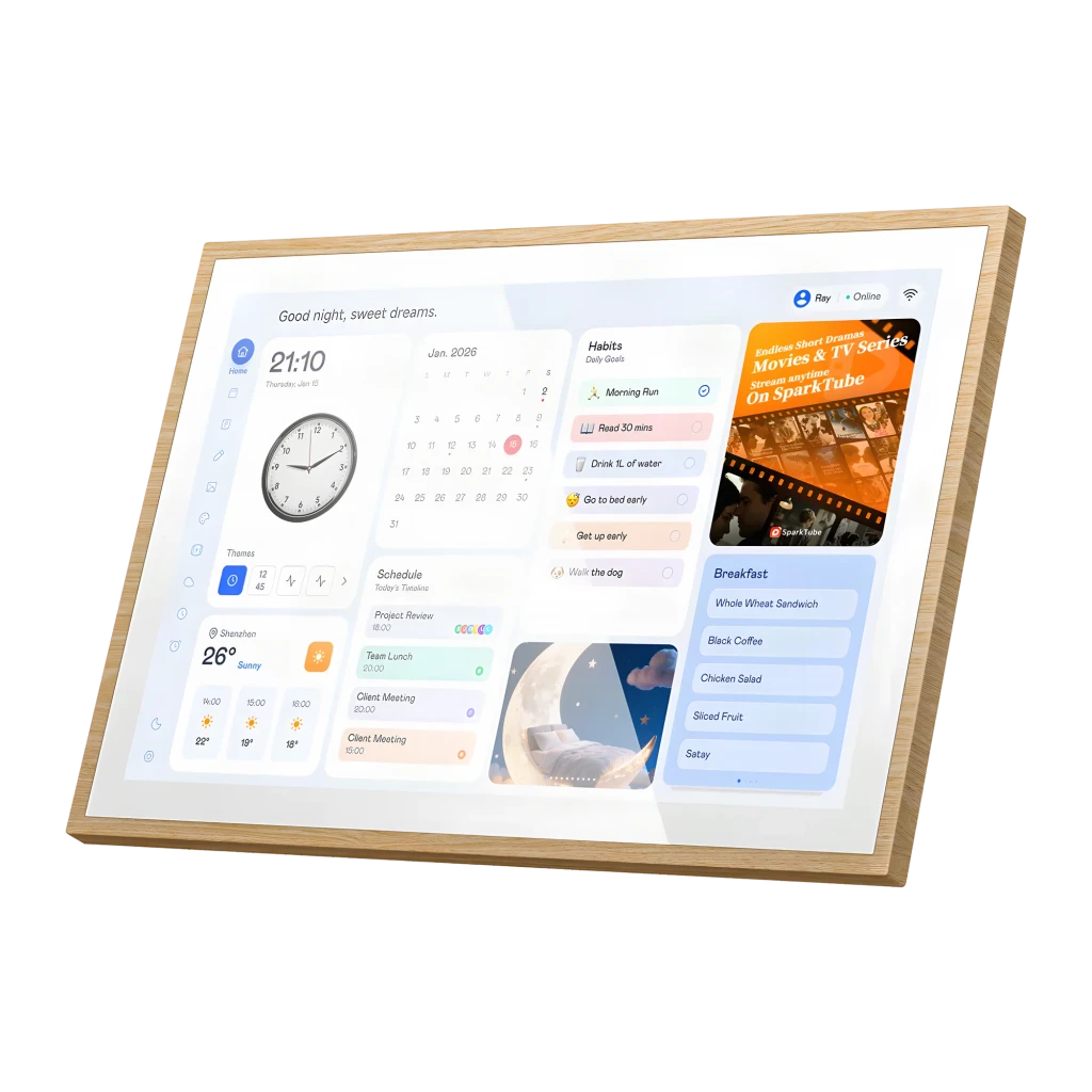 Pantalla IPS de 10,1 pulgadas con marco de madera, interfaz de calendario y widgets de reloj, hábitos y agenda; incluye sincronización con smartphone WiFi 6 - Ítem8