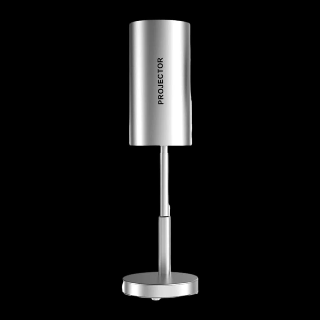 Proyector TS 1080p nativo, cilindro metálico plateado en soporte vertical con base redonda; diseño minimalista, compacto y moderno con Android TV y