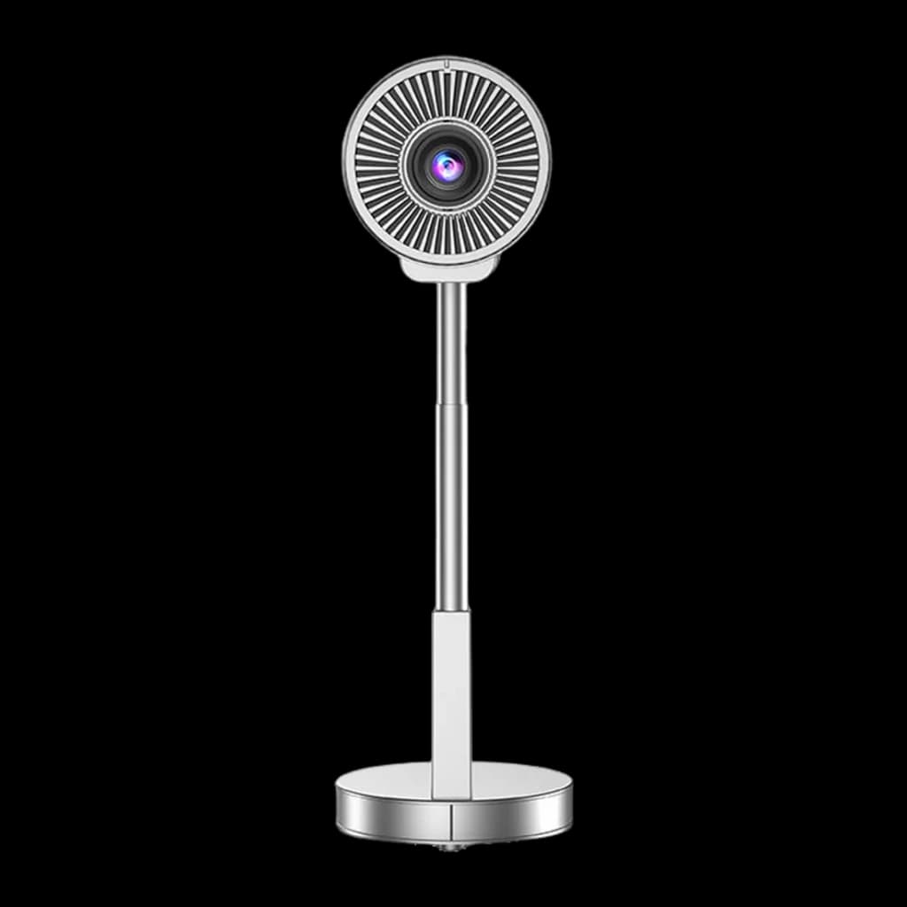 Proyector TS 1080p nativo 4K compatible con diseño vertical metálico, lente frontal iluminada, cuerpo plateado en poste ajustable y base circular estable