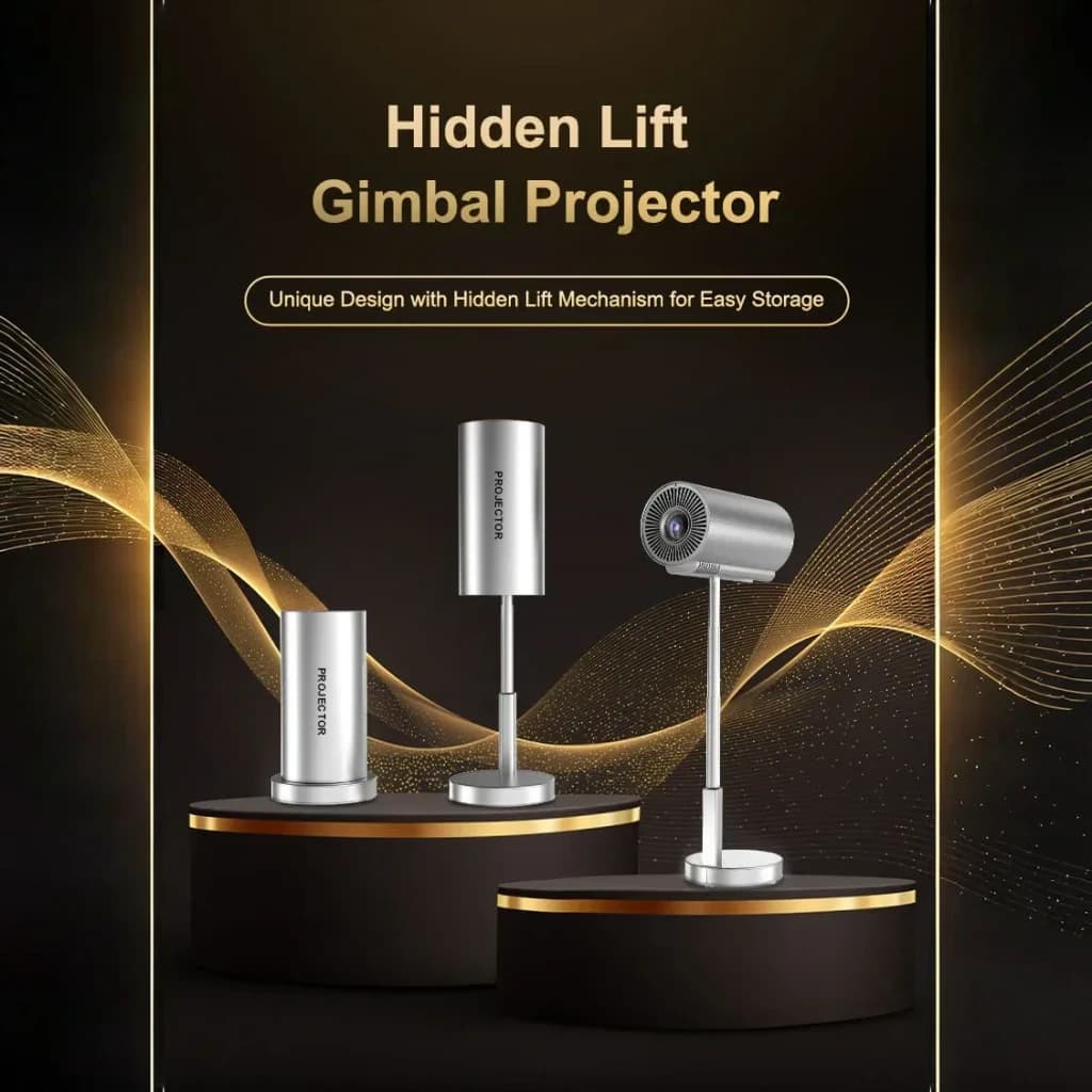 Proyector TS-3 cilíndrico en aluminio con gimbal y elevación oculta, lente frontal, base metálica, diseño minimalista para proyección 1080p y 4K compatible