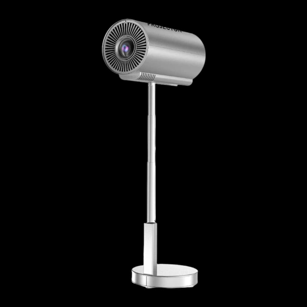 TS Proyector -3 plateado con soporte, vista frontal lateral: cuerpo cilíndrico, lente central y pie extensible
