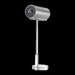 TS Proyector -3 plateado con soporte, vista frontal lateral: cuerpo cilíndrico, lente central y pie extensible